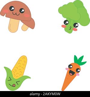 Vegetables cute kawaii vector characters. Mushrooms with smiling face. Happy carrot and corn. Kissing broccoli. Laughing food. Funny emoji, emoticon, Stock Vector