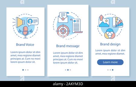 Branding elements onboarding mobile app page screen with linear concepts. Brand voice, message and design. Three walkthrough steps graphic instruction Stock Vector