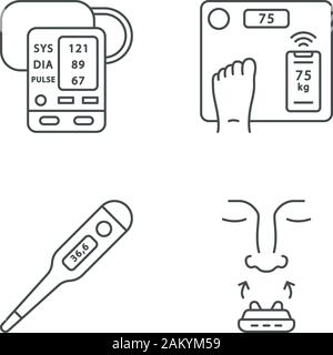 Medical devices linear icons set. Blood pressure monitor, body weight smart scales, thermometer, anti snoring clip. Thin line contour symbols. Isolate Stock Vector