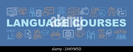 Language learning for business word concepts banner. Foreign language classes, school, lessons. Isolated lettering typography idea with linear icons. Stock Vector