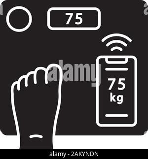 Smart wireless body scales glyph icon. Body mass index, muscle, fat measurement. Weight loss control device. Digital bathroom scales. Silhouette symbo Stock Vector