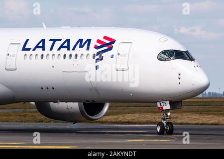 Paris, France - August 17, 2018: Latam Airlines Airbus A350 airplane at Paris Charles de Gaulle airport (CDG) in France. Airbus is an aircraft manufac Stock Photo