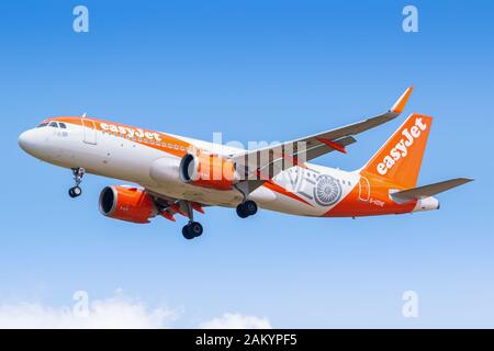 Paris, France - August 17, 2018: EasyJet Airbus A320Neo airplane at Paris Charles de Gaulle airport (CDG) in France. Airbus is an aircraft manufacture Stock Photo