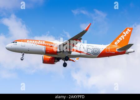 Paris, France - August 17, 2018: EasyJet Airbus A320Neo airplane at Paris Charles de Gaulle airport (CDG) in France. Airbus is an aircraft manufacture Stock Photo