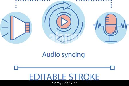 Audio syncing concept icon. Sound production idea thin line illustration. Cinematography. Sound recording, synchronization. Audio capturing, editing. Stock Vector