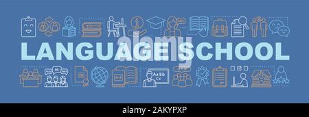 Language courses for kids word concepts banner. Presentation. Foreign language classes. Isolated lettering typography idea with linear icons. Vector o Stock Vector