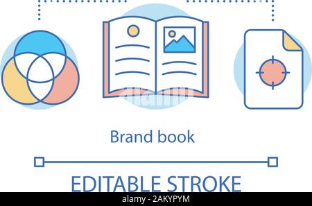 Brand book concept icon. Official company document. Brand management idea thin line illustration. Concepts, attributes, target audience description. V Stock Vector
