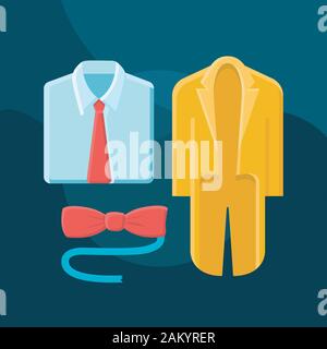 Suits flat concept vector icon. Mens fashion idea cartoon color illustrations set. Formal clothes. Menswear. Clothing store. Shopping. Shirt, bow tie, Stock Vector