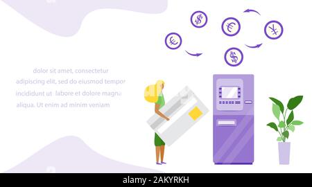 Vector illustration Woman with bank card near ATM. Cash withdrawal, currency exchange at automated teller machine. Financial transactions using ATM. E Stock Vector