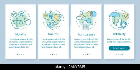 Ethical principles onboarding mobile app page screen vector template. Morality, transparency, reliability. Walkthrough website steps with linear illus Stock Vector