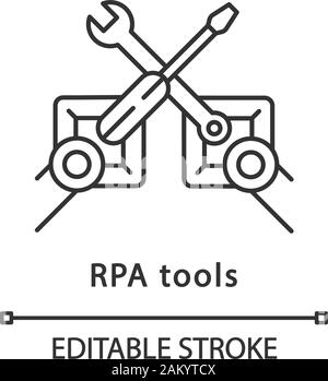 RPA tools linear icon. Robotic process automation. Robot mechanic. Automate workflows. AI worker. Thin line illustration. Contour symbol. Vector isola Stock Vector