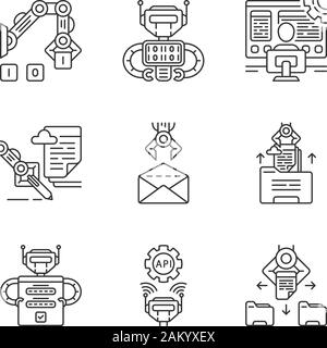 RPA linear icons set. Robotic process automation benefits. Development, using clerical process automation technology. Thin line contour symbols. Isola Stock Vector