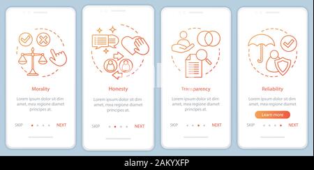 Ethical principles onboarding mobile app page screen vector template. Morality, transparency, reliability. Walkthrough website steps with linear illus Stock Vector