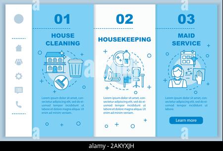 House service onboarding mobile web pages vector template. Housekeeping. Maid service. Responsive smartphone web interface idea, linear illustration. Stock Vector