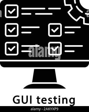 GUI testing glyph icon. Program settings. Computer monitor. Tester, quality assurance engineer work. Search bugs. Silhouette symbol. Negative space. V Stock Vector