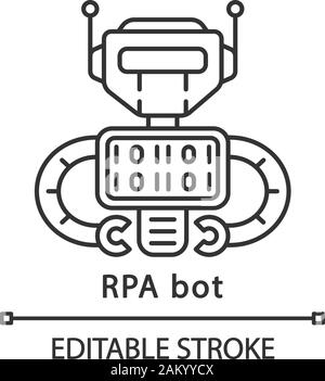 RPA bot linear icon. Programmed cyborg. Software robot. Robotic process automation. Thin line illustration. Contour symbol. Vector isolated outline dr Stock Vector