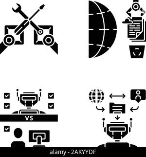 RPA glyph icons set. Clerical process automation technology. Benefits of using robots. RPA tools, web data scraping, gathering, bot vs employee. Silho Stock Vector