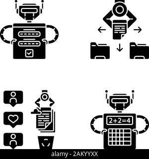 RPA glyph icons set. Robotic process automation benefits. Login, files and folders, SM data scraping, calculation. Artificial intelligence workers. Si Stock Vector