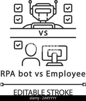 RPA bot vs employee linear icon. Benefits of using robots. Modern technologies vs traditional work. Thin line illustration. Contour symbol. Vector iso Stock Vector