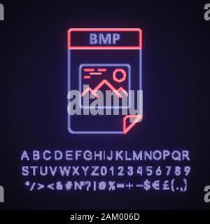 BMP file neon light icon. Bitmap image. Raster graphics image file format. Glowing sign with alphabet, numbers and symbols. Vector isolated illustrati Stock Vector