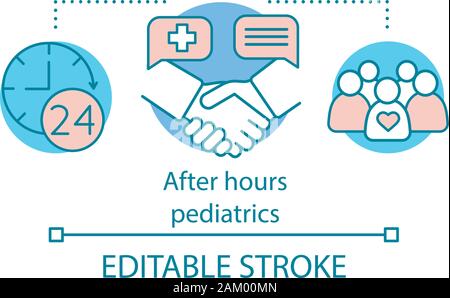 After hours pediatrics concept icon. Urgent medical support. Kid emergency aid. Round-the-clock pediatrician assistance idea thin line illustration. V Stock Vector