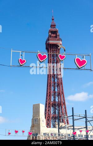 The Blackpool Tower from Ocean Boulevard, Promenade, Blackpool, Lancashire, England, United Kingdom Stock Photo