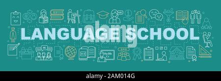 Language school word concepts banner. Educational program. Foreign language courses for kids and adults. Presentation. Isolated lettering typography i Stock Vector
