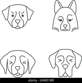 Dogs cute kawaii linear characters. Thin line icon set. Angry Bernese dog. Pensive sheepdog. Smiling Golden Retriever. Animals with sad muzzles. Vecto Stock Vector