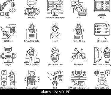 RPA linear icons set. Robotic process automation. Clerical process automation. Software robots. Automate workflows. Thin line contour symbols. Isolate Stock Vector