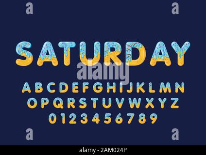 Donut cartoon saturday biscuit bold font style. Glazed capital letters, alphabet, number. Tempting flat design typography. Cookies letters. Dark blue Stock Vector