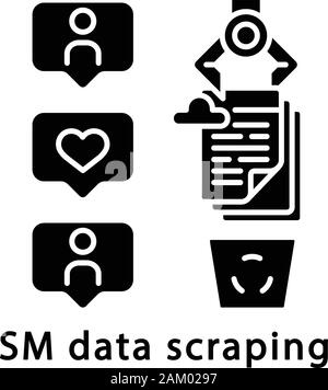 SM data scraping glyph icon. RPA. ?hat history archiving. Cloud storage automatic cleaning. Robot scraping social media data. Silhouette symbol. Negat Stock Vector