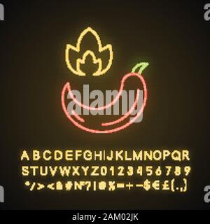 Hot pepper neon light icon. Red hot chili pepper. Fire pepperpod. Glowing sign with alphabet, numbers and symbols. Vector isolated illustration Stock Vector