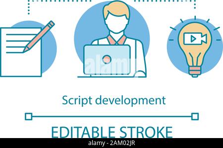 Script development concept icon. Video pre production idea thin line illustration. Film scenario writing. Scripting. Screenwriter. Film making idea. V Stock Vector