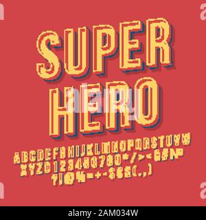 Super hero vintage 3d vector lettering. Retro bold font. Pop art stylized text. Old school style letters, numbers, symbols pack. 90s poster, banner, t Stock Vector