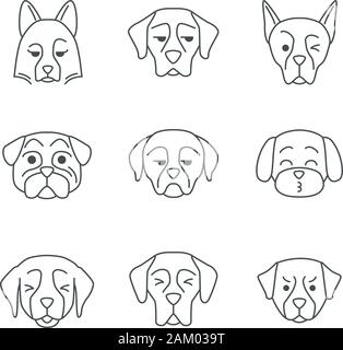Dogs cute kawaii linear characters. Thin line icon set. Squinting Golden Retriever and Great Dane. Angry Bernese dog. Kissing Maltese. Vector isolated Stock Vector