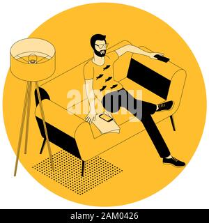 Vector smart tv concept - illustration in flat style with apps and video player on screen and hand holding remote control Stock Vector