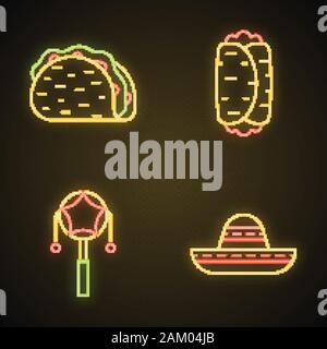 Mexican neon light icons set. Cinco de Mayo festival. Taco, burrito, mexican pellet drum, sombrero. Glowing signs. Vector isolated illustrations Stock Vector