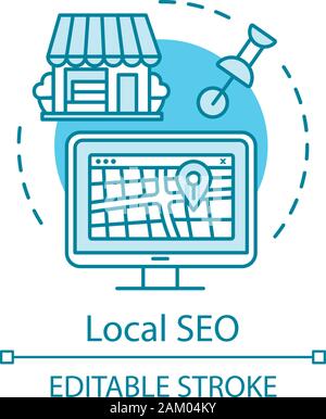 Location SEO concept icon. Search optimization idea thin line illustration. Geolocation based ranking. Local marketing. GPS search. Geotargeting. Vect Stock Vector