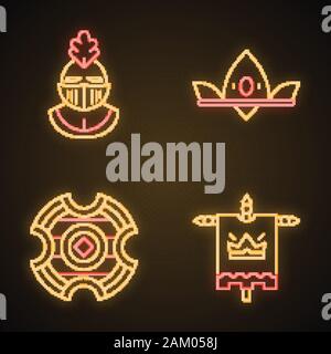 Medieval neon light icons set. Knight helmet, royal crown, battle shield, king flag. Glowing signs. Vector isolated illustrations Stock Vector