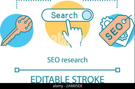 SEO search concept icon. Global search optimization idea thin line illustration. Keyword request. Website ranking. Internet surfing. Web browser, tags Stock Vector