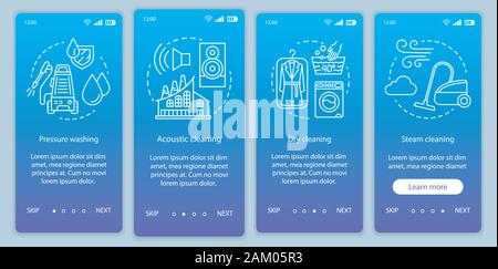Cleaning methods onboarding mobile app page screen vector template. Pressure washing. Walkthrough website steps, linear illustration. Dry, steam clean Stock Vector