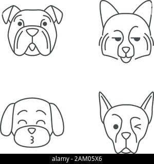 Dogs cute kawaii linear characters. Thin line icon set. Kissing Maltese. Smirking German Spitz. Winking Doberman. Animals with smiling muzzles. Vector Stock Vector