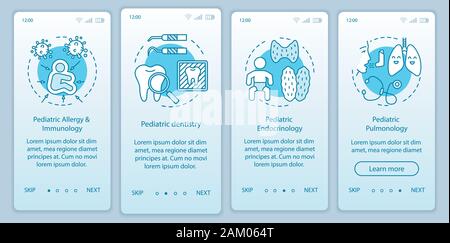 Pediatric services onboarding mobile app page screen vector template. Allergy, dentistry, endocrinology. Walkthrough website steps with linear illustr Stock Vector