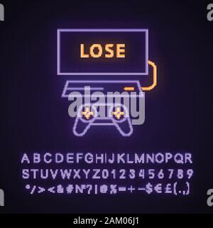 Losing game neon light icon. Game over. Esports gameplay. Gaming session end. Glowing sign with alphabet, numbers and symbols. Vector isolated illustr Stock Vector