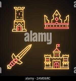 Medieval neon light icons set. Castle tower, king crown, metal sword, lord castle. Glowing signs. Vector isolated illustrations Stock Vector