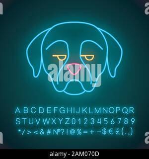 Rottweiler cute kawaii neon light character. Dog with unamused muzzle. Animal with eyes looking to side. Funny emoji, emoticon. Glowing icon, alphabet Stock Vector