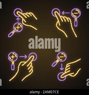 Touchscreen gestures neon light icons set. Zoom in vertical, zoom out vertical gesturing. Zoom in horizontal and zoom out horizontal. Human fingers. G Stock Vector