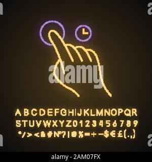 Touch and hold gesturing neon light icon. Touchscreen gesture. Human hand and fingers. Using sensory devices. Glowing sign with alphabet, numbers and Stock Vector