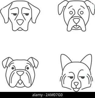 Dogs cute kawaii linear characters. Thin line icon set. Smirking German Spitz. Hushed Boxer and Bulldog. Animals with smiling muzzles. Vector isolated Stock Vector