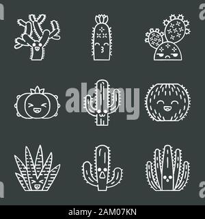 Cactuses chalk icons set. Plants with smiling faces. Laughing barrel, zebra and peyote cactuses. Succulent plants. Kissing hedgehog wild cacti. Isolat Stock Vector